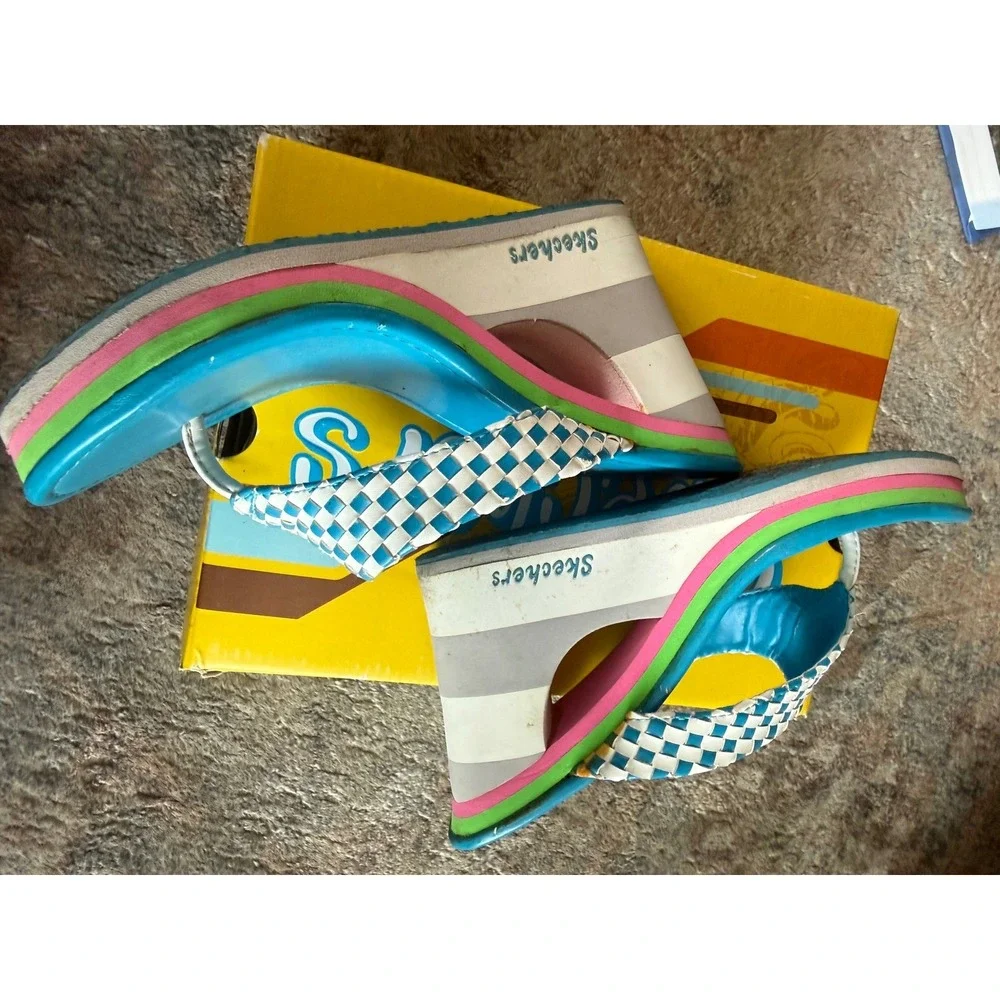 Vintage Skechers Cali Y2K Platform Wedge Sandals Blue White Woven Checkerboard‎